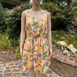 Pink Owl Dress Womens Large Pink Lemon Print Fit & Flare Cutout Back Sleeveless